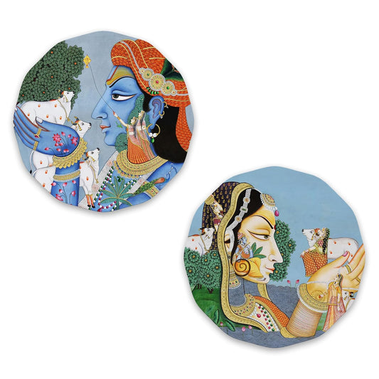 Set of 2 - Round Shape Wooden Wall Hanging Decor | Handcrafted Art | Mdf| Paintings | Sinary | Gifts | Sceneries For Wall | Unique Gift