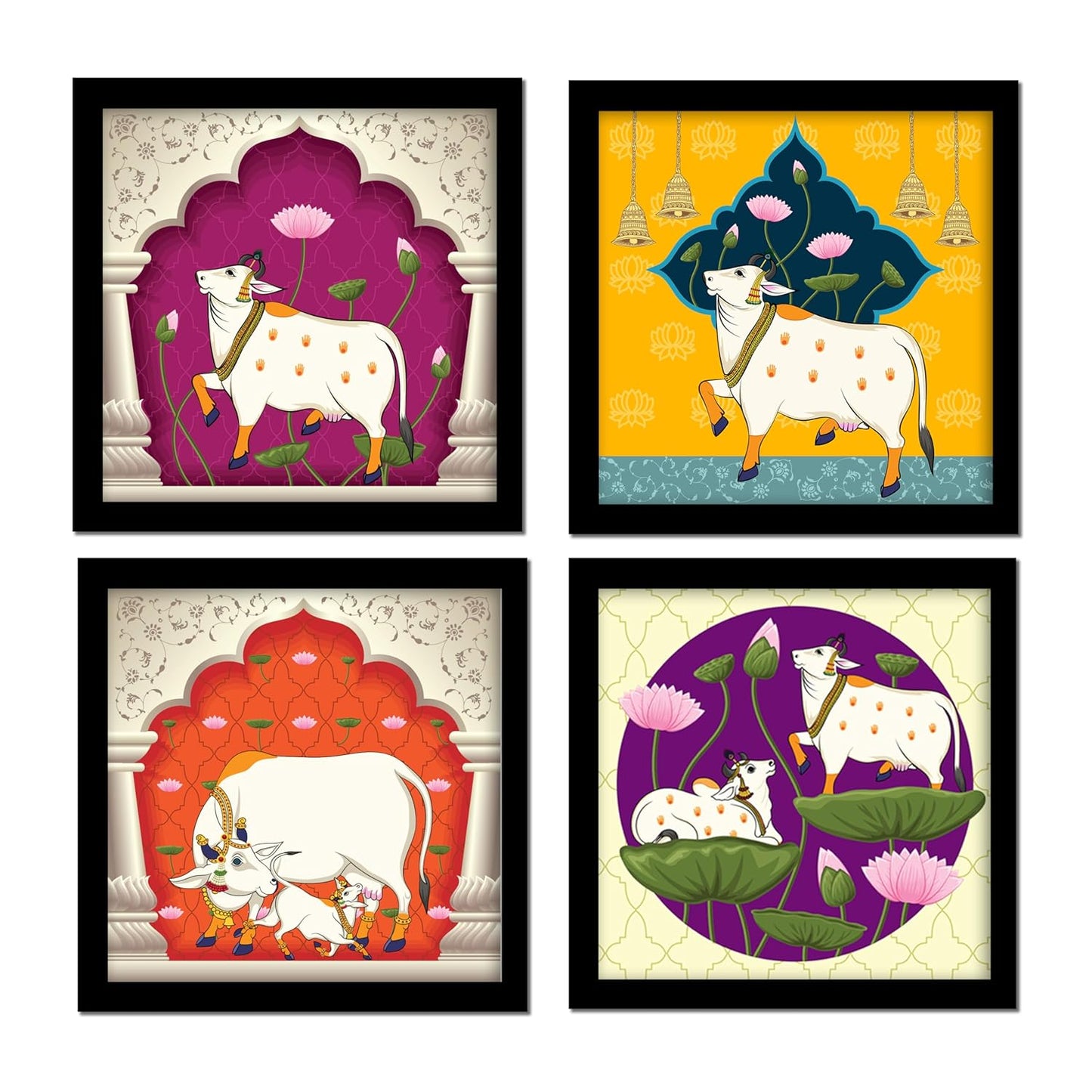 Set of 4 Art Framed Painting For Home, Living Room, Hall | Traditional Rajasthani Pichwai Art Paintings With Frame For Home Decor