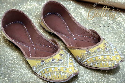 Yellow Leather Punjabi Jutti with Zardosi Work | Indian Mojari Shoes| Women's Khussa | Indian Ballet Flats