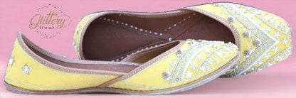 Yellow Leather Punjabi Jutti with Zardosi Work | Indian Mojari Shoes| Women's Khussa | Indian Ballet Flats