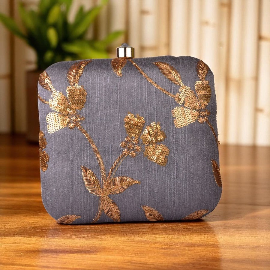 Indian Ethnic Designer Gray Clutch with Golden Flower Design