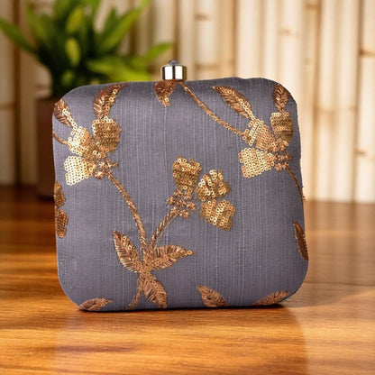 Indian Ethnic Designer Gray Clutch with Golden Flower Design