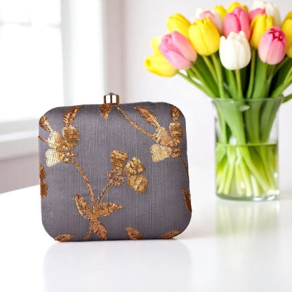 Indian Ethnic Designer Gray Clutch with Golden Flower Design