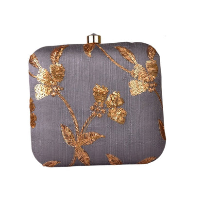 Indian Ethnic Designer Gray Clutch with Golden Flower Design