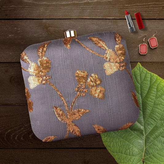 Indian Ethnic Designer Gray Clutch with Golden Flower Design