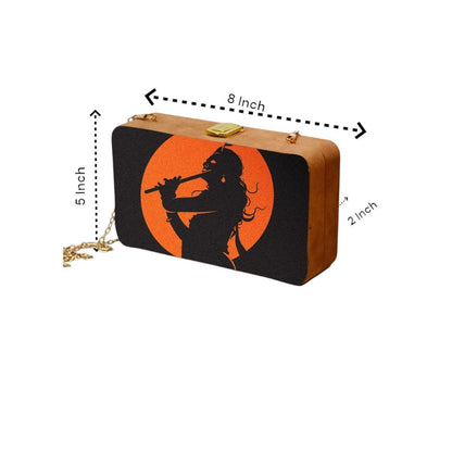 Indian Ethnic Designer Black & Orange Wooden Clutch with Portrait of Lord Krishna with Bansuri in Hand