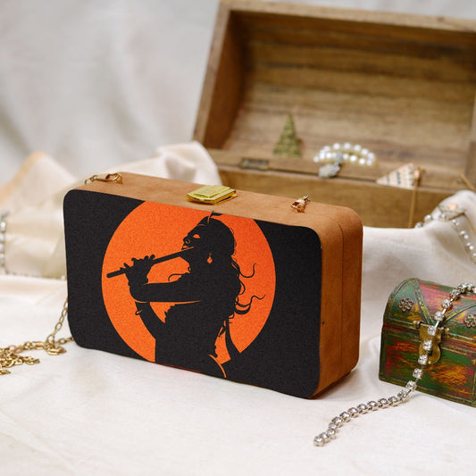 Indian Ethnic Designer Black & Orange Wooden Clutch with Portrait of Lord Krishna with Bansuri in Hand