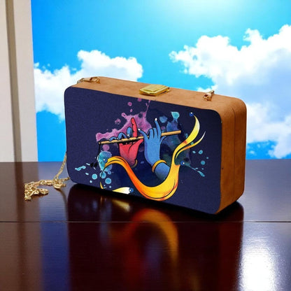 Indian Ethnic Designer Navy Blue Wooden Clutch with Bansuri in Hand Portrait