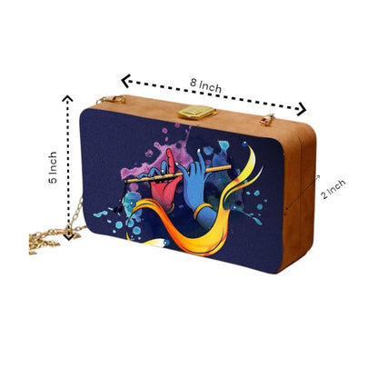 Indian Ethnic Designer Navy Blue Wooden Clutch with Bansuri in Hand Portrait