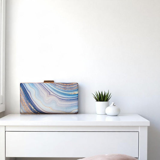 Indian Ethnic Designer Blue, White & Golden Marble Print Clutch