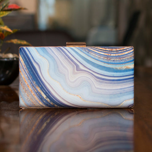 Indian Ethnic Designer Blue, White & Golden Marble Print Clutch