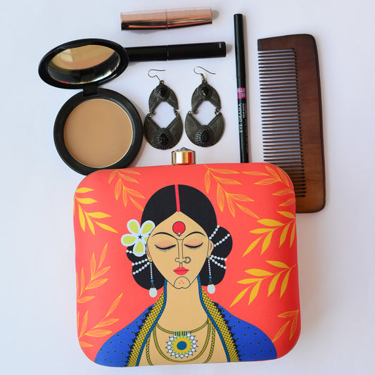 Indian Ethnic Designer Clutch with Lady Portrait with Bindi, Sindoor & Nose-pin