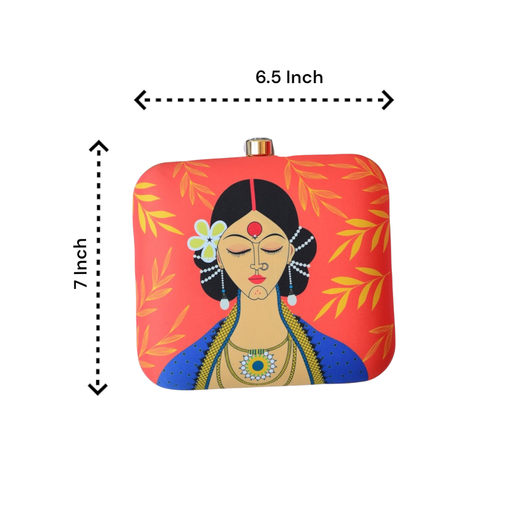 Indian Ethnic Designer Clutch with Lady Portrait with Bindi, Sindoor & Nose-pin