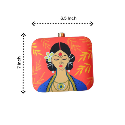 Indian Ethnic Designer Clutch with Lady Portrait with Bindi, Sindoor & Nose-pin