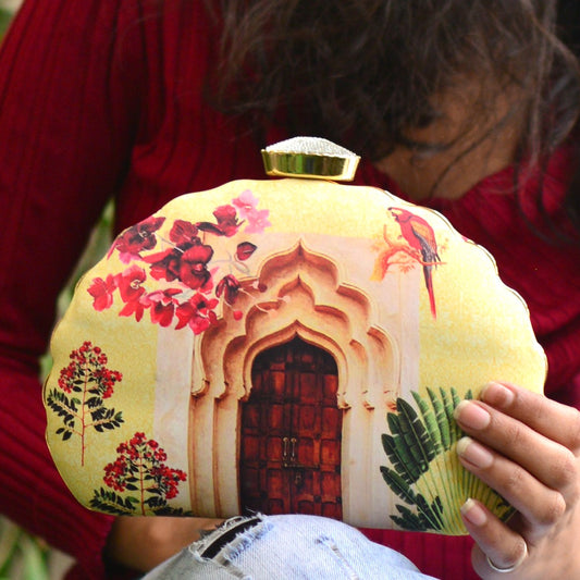 Indian Ethnic Designer Yellow Clutch with Door Print & Unique Shape