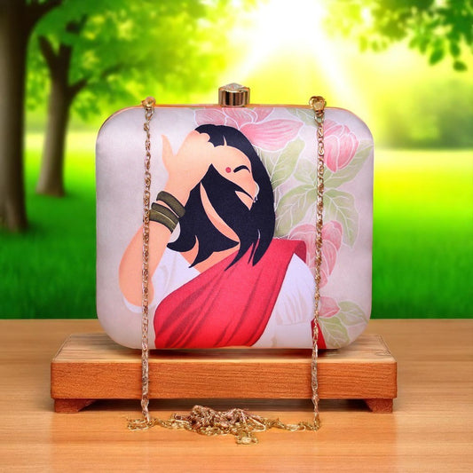 Indian Ethnic Designer Beige Clutch with Portrait of Women with Pink Saree