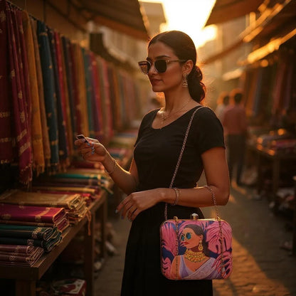 Indian Ethnic Designer Lavender Clutch with Women Portrait Wearing Sunglasses