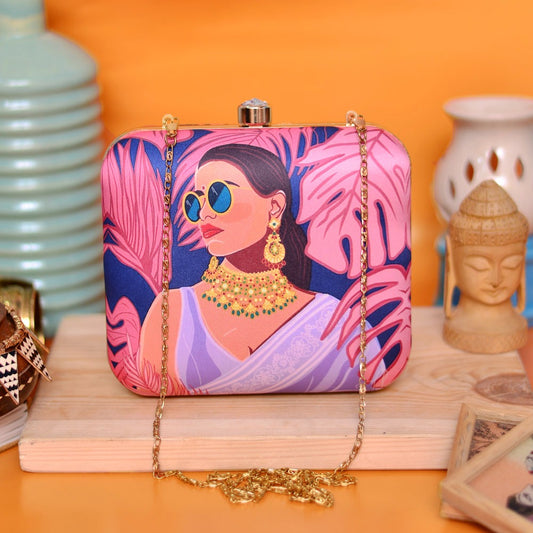Indian Ethnic Designer Lavender Clutch with Women Portrait Wearing Goggles