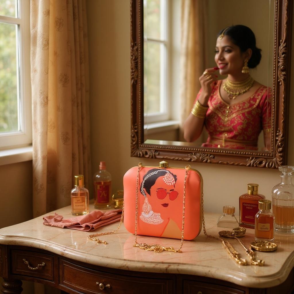 Indian Ethnic Designer Orange Clutch with Women Portrait Wearing Goggles