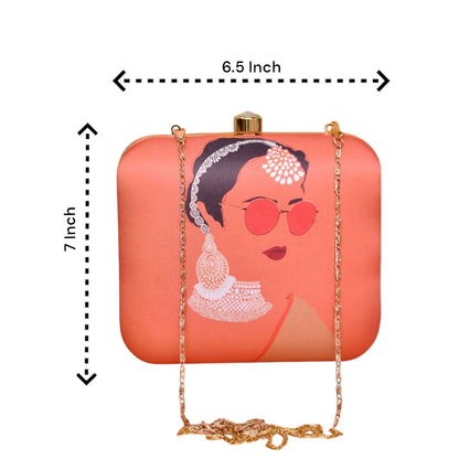 Indian Ethnic Designer Orange Clutch with Women Portrait Wearing Goggles