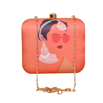 Indian Ethnic Designer Orange Clutch with Women Portrait Wearing Goggles