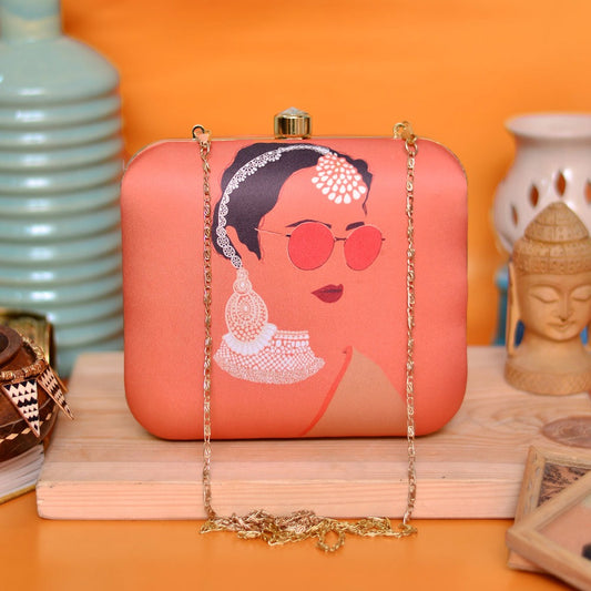 Indian Ethnic Designer Orange Clutch with Women Portrait Wearing Goggles