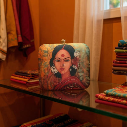 Indian Ethnic Designer Green Leafy Clutch with Portrait of Women Wearing Gajra & Bindi