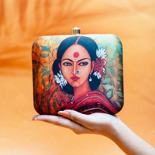 Indian Ethnic Designer Green Leafy Clutch with Portrait of Women Wearing Gajra & Bindi