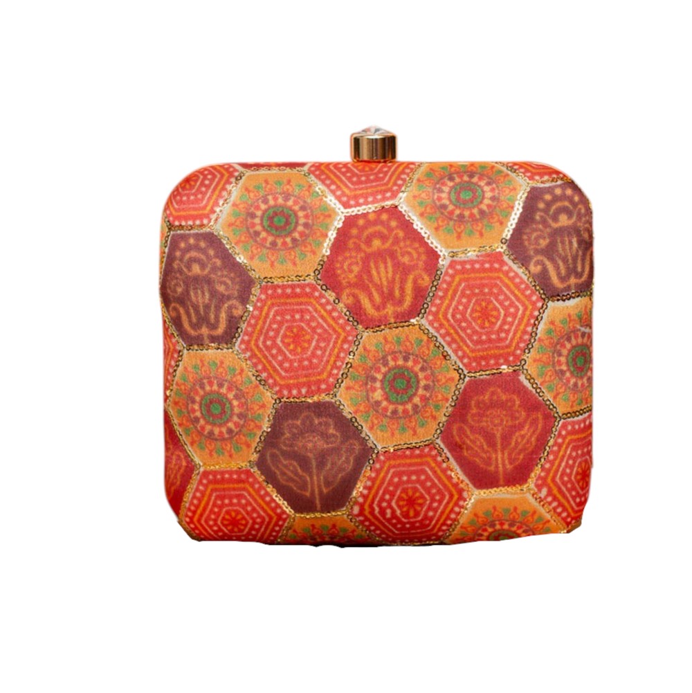 Indian Ethnic Designer Red Clutch with Bandhani Patch Work