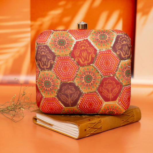 Indian Ethnic Designer Red Clutch with Bandhani Patch Work