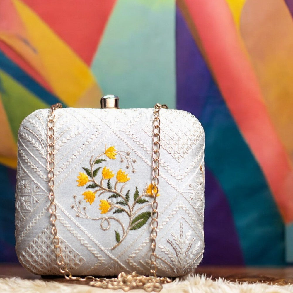Exclusive Chikankari Box Clutch with Yellow Flower Design