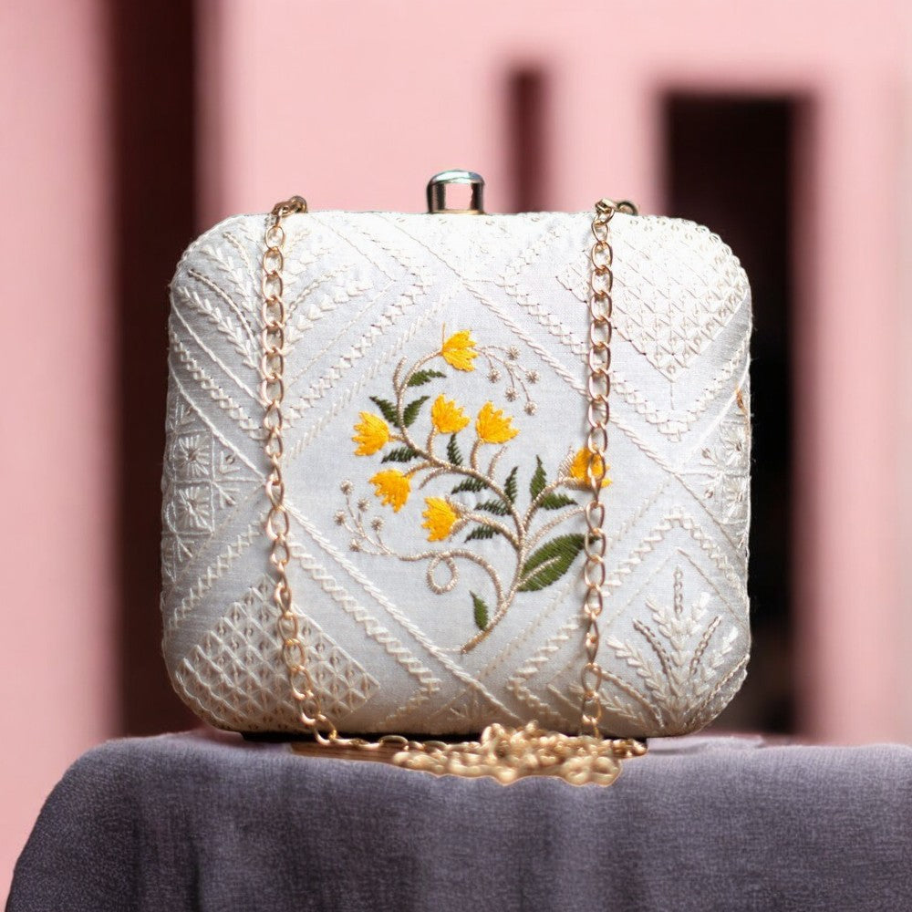 Exclusive Chikankari Box Clutch with Yellow Flower Design