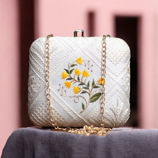 Exclusive Chikankari Box Clutch with Yellow Flower Design