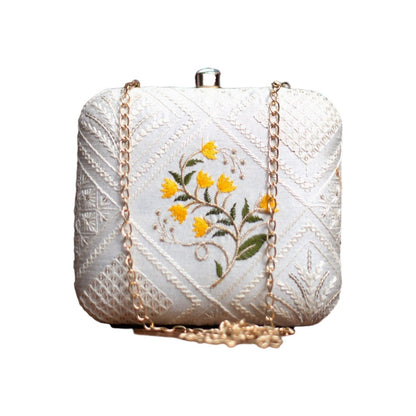 Exclusive Chikankari Box Clutch with Yellow Flower Design