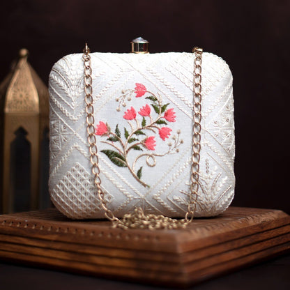 Exclusive White Chikankari Box Clutch with Pink Flower