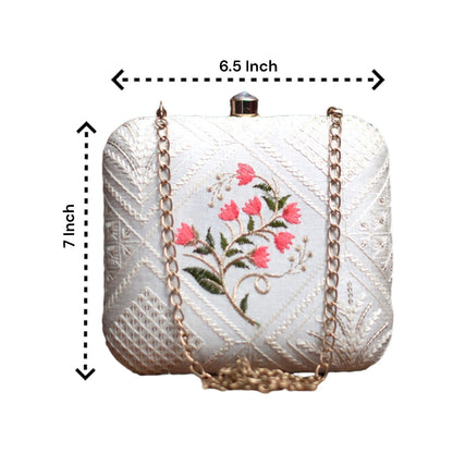Exclusive White Chikankari Box Clutch with Pink Flower