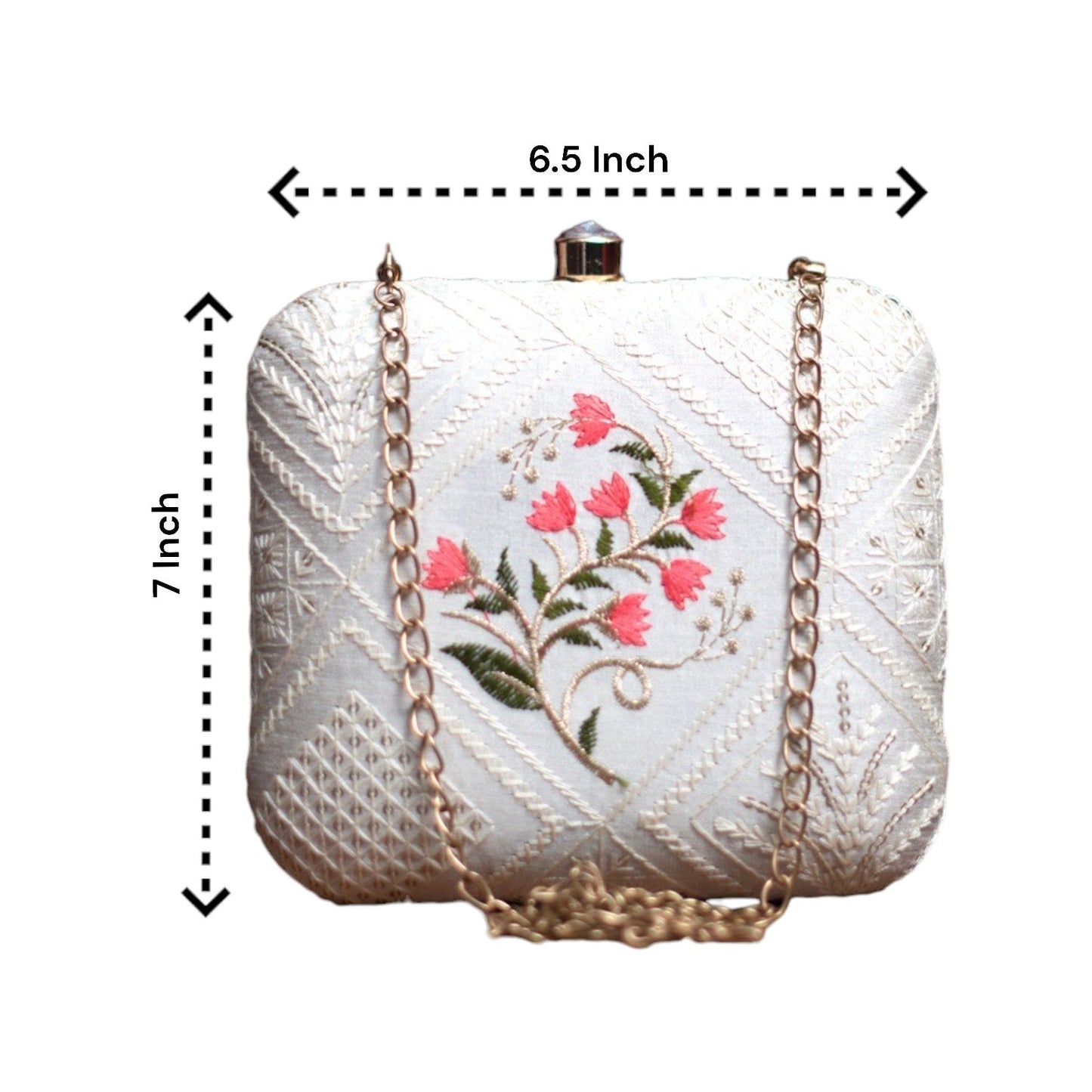 Exclusive White Chikankari Box Clutch with Pink Flower
