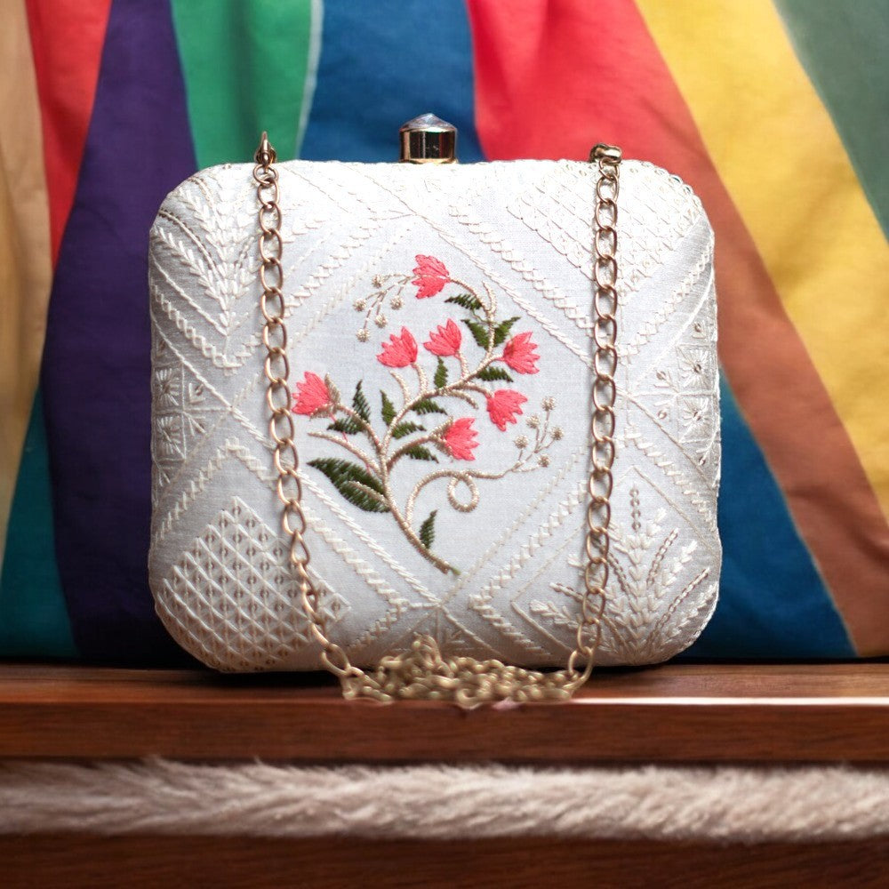 Exclusive White Chikankari Box Clutch with Pink Flower