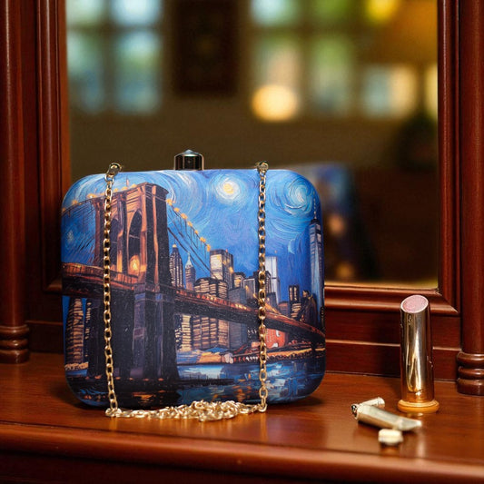 Indian Ethnic Designer Blue Clutch with NYC Portrait
