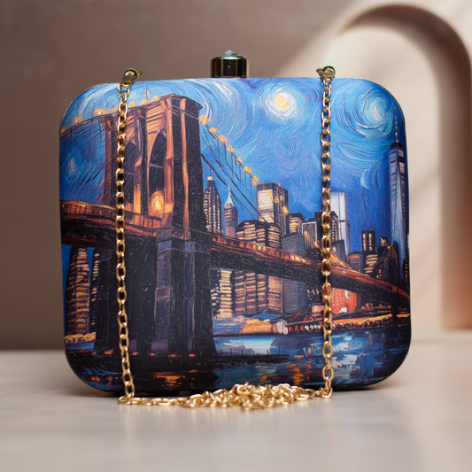 Indian Ethnic Designer Blue Clutch with NYC Portrait