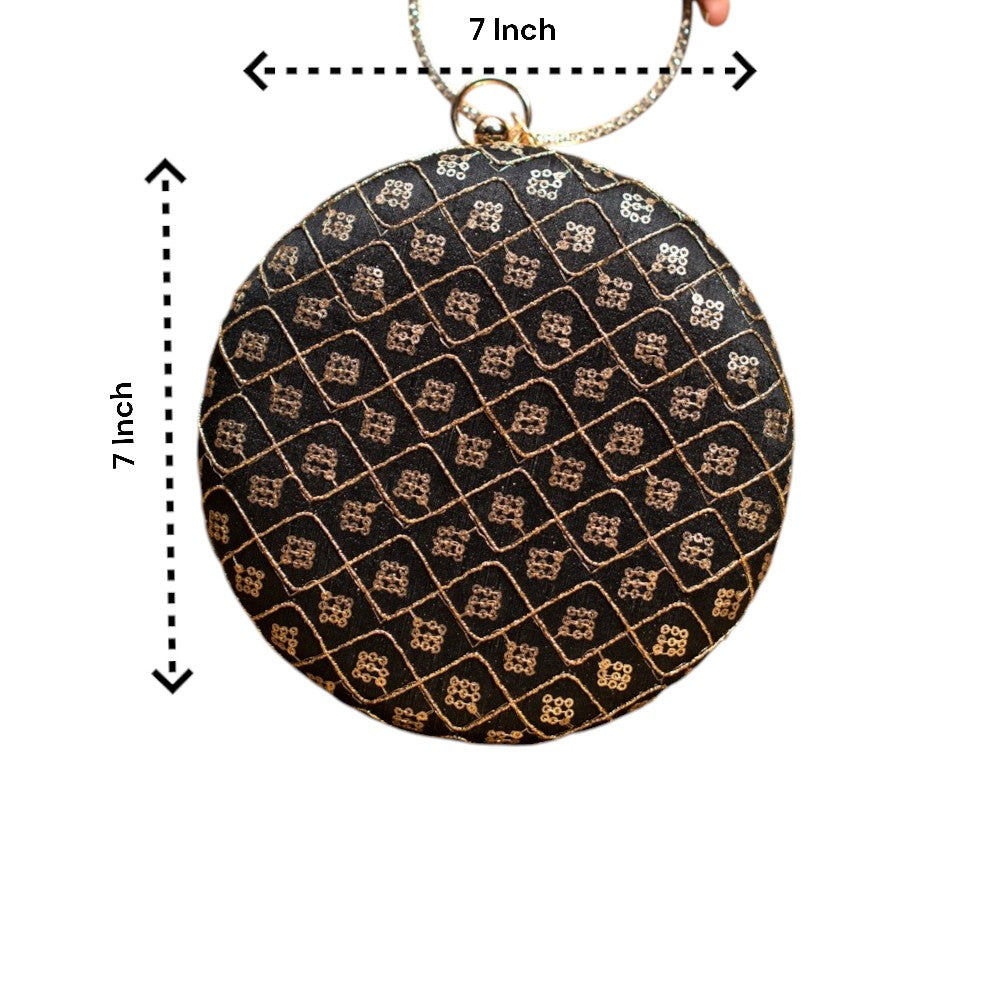 Exclusive Black Round Clutch with Golden Work