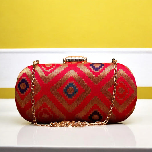 Exclusive Red Zari Clutch with Cylindrical Shape