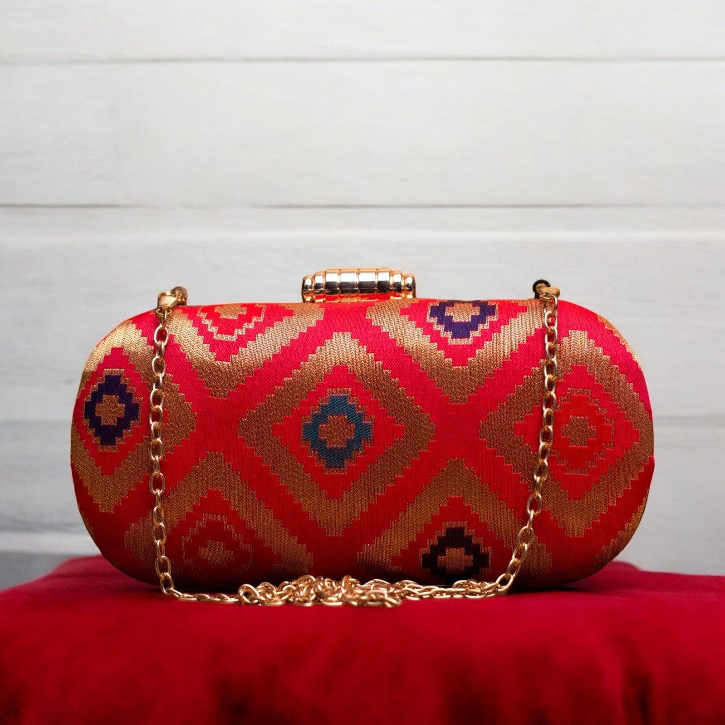 Exclusive Red Zari Clutch with Cylindrical Shape