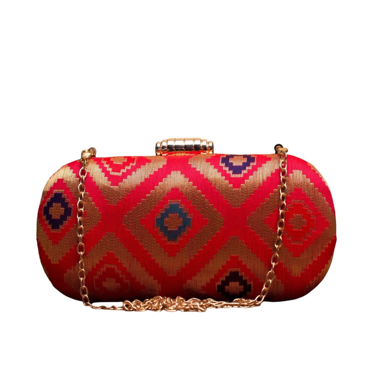 Exclusive Red Zari Clutch with Cylindrical Shape