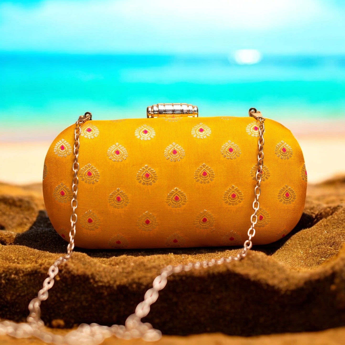 Exclusive Yellow Zari Cylindrical Shape Clutch