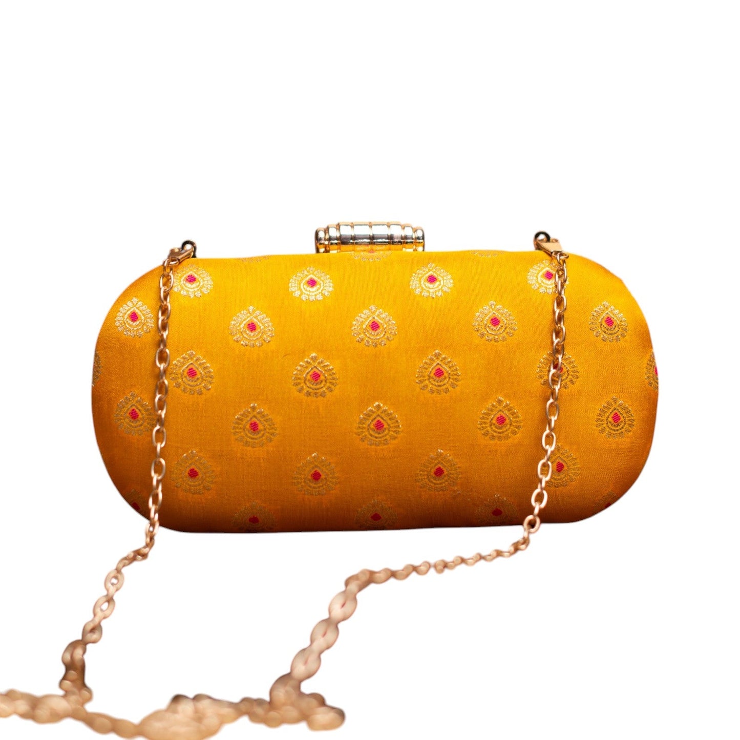 Exclusive Yellow Zari Cylindrical Shape Clutch