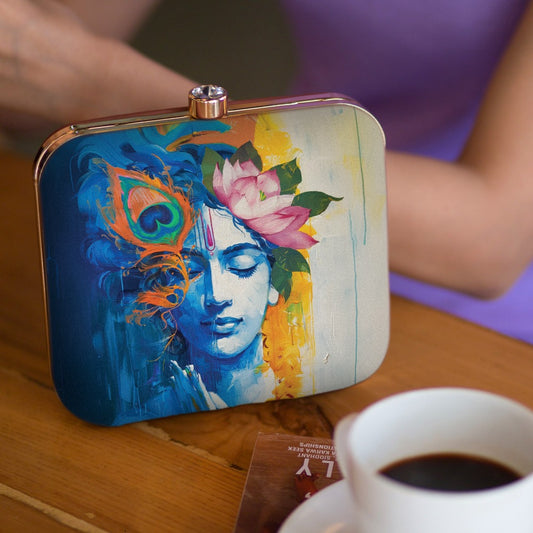 Indian Ethnic Designer Blue & Ivory Clutch with Krishna Portrait