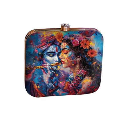 Indian Ethnic Designer Blue Clutch with Radha Krishna Portrait