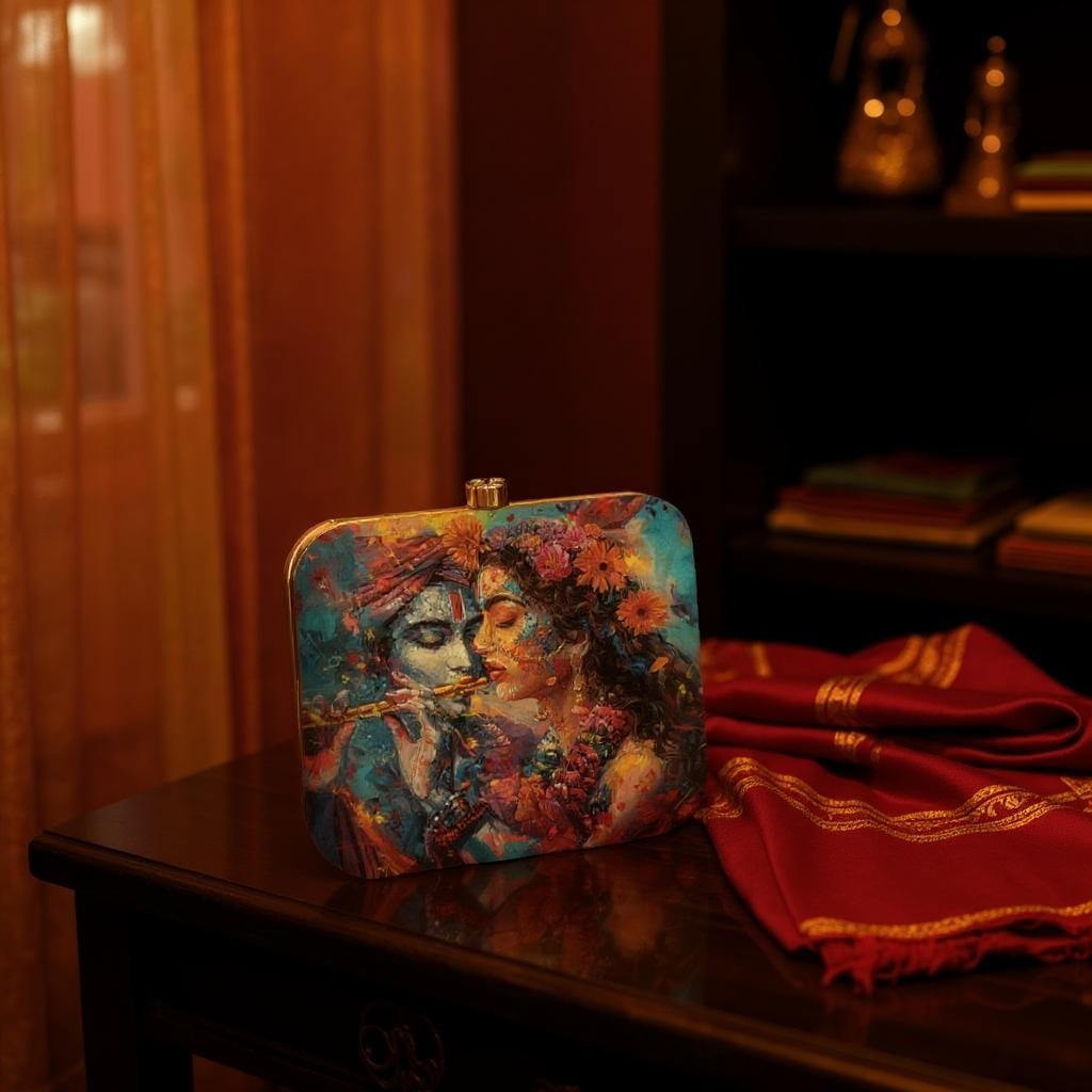 Indian Ethnic Designer Blue Clutch with Radha Krishna Portrait