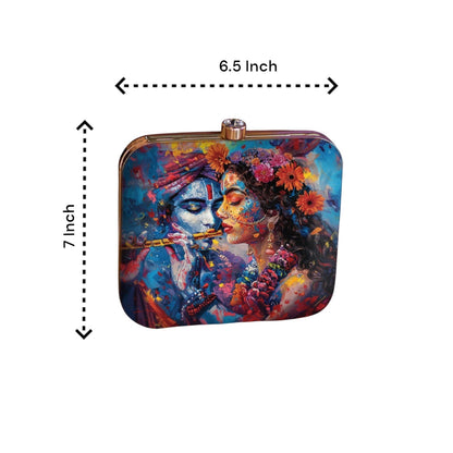 Indian Ethnic Designer Blue Clutch with Radha Krishna Portrait